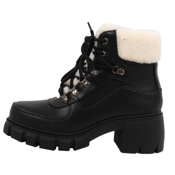 Black Faux Leather Shearling Trim Lug Winter Ankle Bootie - Picture 3 of 7